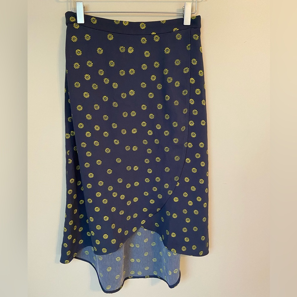 J. Crew Factory Navy Faux Wrap Skirt with Yellow Daisies | Sz XS